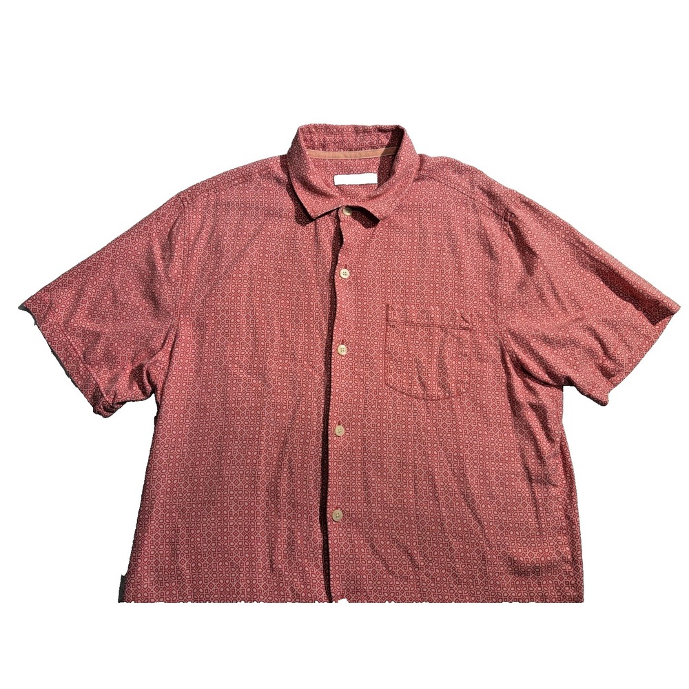 Tommy Bahama Large Pink Geometric 100% Silk Short Sleeve Button Up Men's Shirt‎